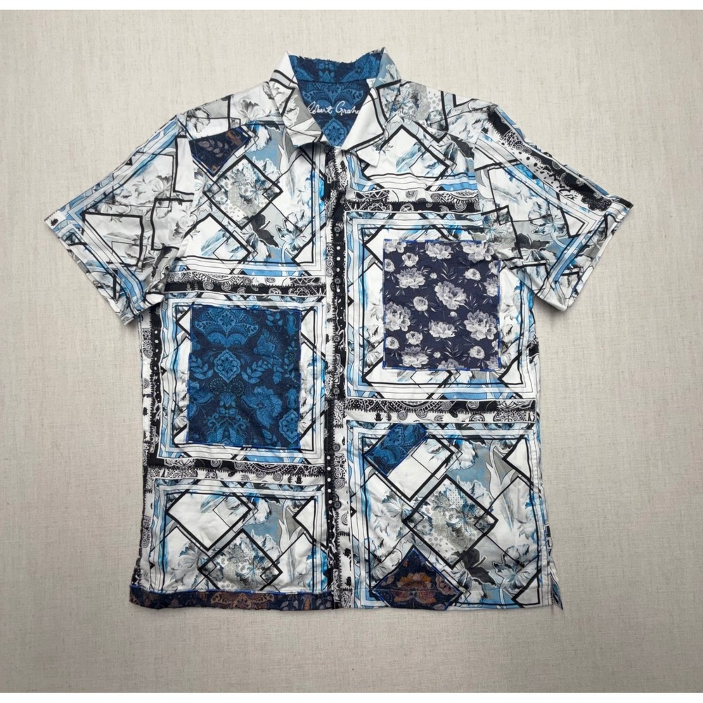 Robert Graham Mens Blue White Geometric Floral Patchwork Shirt Classic Fit L